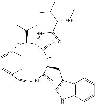 (3R,4S,7S)-7β-[(1H-Indol-3-yl)methyl]-3α-isopropyl-4α-[(S)-3-methyl-2-(methylamino)butyrylamino]-2-oxa-6,9-diazabicyclo[10.2.2]hexadeca-10,12,14(1),15-tetrene-5,8-dione Structure