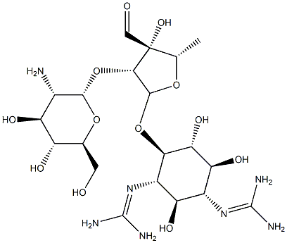 4-O-[2-O-(2-Amino-2-deoxy-α-L-glucopyranosyl)-5-deoxy-3-formyl-α-L-lyxofuranosyl]-N,N'-bis(aminoiminomethyl)-D-streptamine 구조식 이미지