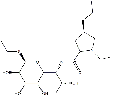 Ethyl 6,8-dideoxy-6-[[[(2S,4R)-1-ethyl-4β-propyl-2α-pyrrolidinyl]carbonyl]amino]-1-thio-D-erythro-α-D-galacto-octopyranoside 구조식 이미지