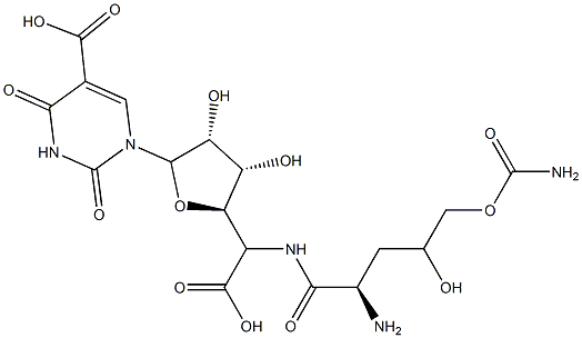 1-[5-[[2-Amino-5-O-(aminocarbonyl)-2,3-dideoxy-L-erythro-pentonoyl]amino]-5-deoxy-β-D-allofuranuronosyl]-1,2,3,4-tetrahydro-2,4-dioxo-5-pyrimidinecarboxylic acid Structure