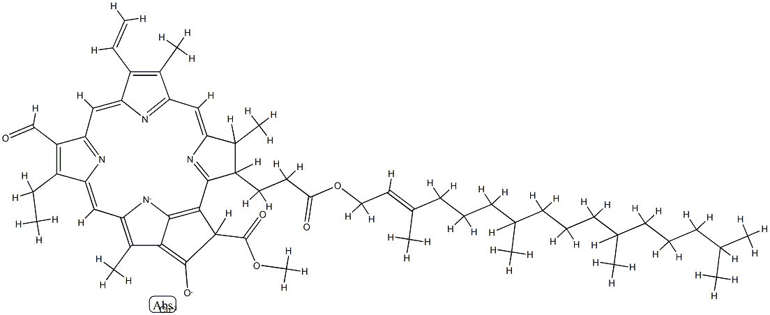 Copper, [3,7,11,15-tetramethyl-2-hexadecenyl 9-ethenyl-14-ethyl-13-formyl-21-(methoxycarbonyl)-4,8,18-trimethyl-20-oxo-3-phorbinepropanoato(2-)-N23,N24,N25,N26]-, [SP-4-2-[3S-[3alpha(2E,7S*,11S*),4beta,21beta]]]- Structure