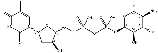 Thymidine 5'-(trihydrogen diphosphate) P'-(4-amino-4,6-dideoxy-alpha-D-glucopyranosyl) ester Structure