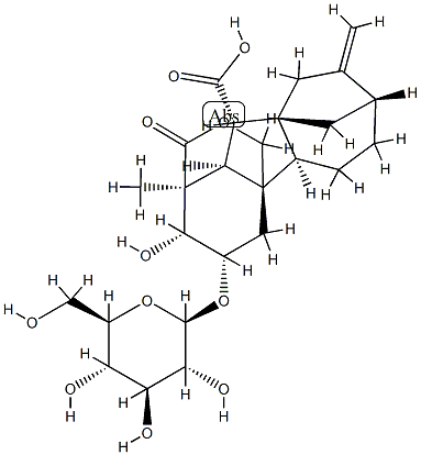 3β-(β-D-Glucopyranosyloxy)-2β-hydroxy-4aα-hydroxymethyl-1-methyl-8-methylenegibbane-1α,10β-dicarboxylic acid 1,4a-lactone 구조식 이미지