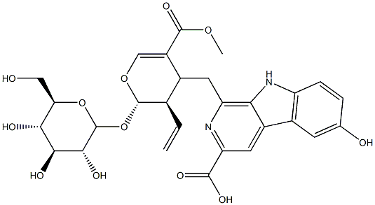 6-Hydroxy-1-[[(2S)-3α-vinyl-2β-(β-D-glucopyranosyloxy)-3,4β-dihydro-5-methoxycarbonyl-2H-pyran-4-yl]methyl]-9H-pyrido[3,4-b]indole-3-carboxylic acid 구조식 이미지