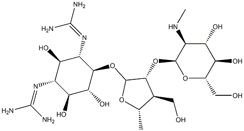 4-O-[2-O-[2-(Methylamino)-2-deoxy-α-L-glucopyranosyl]-3,5-dideoxy-3-hydroxymethyl-α-L-arabinofuranosyl]-N,N'-bis(aminoiminomethyl)-D-streptamine 구조식 이미지