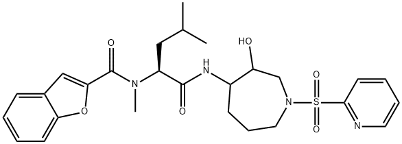 2-Benzofurancarboxamide,N-[(1S)-1-[[[hexahydro-3-hydroxy-1-(2-pyridinylsulfonyl)-1H-azepin-4-yl]amino]carbonyl]-3-methylbutyl]-N-methyl-(9CI) Structure