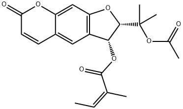 (Z)-2-Methyl-2-butenoic acid [(2S)-2α-(1-acetoxy-1-methylethyl)-2,3-dihydro-7-oxo-7H-furo[3,2-g][1]benzopyran-3α-yl] ester 구조식 이미지
