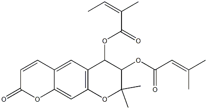 [Z,(-)]-2-Methyl-2-butenoic acid 7,8-dihydro-8,8-dimethyl-7-[(3-methyl-1-oxo-2-butenyl)oxy]-2-oxo-2H,6H-benzo[1,2-b:5,4-b']dipyran-6-yl ester 구조식 이미지