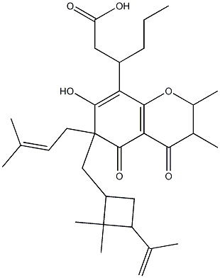 6-[[2,2-Dimethyl-3-(1-methylethenyl)cyclobutyl]methyl]-3,4,6,7-tetrahydro-5-hydroxy-2,3-dimethyl-6-(3-methyl-2-butenyl)-4,7-dioxo-β-propyl-2H-1-benzopyran-8-propionic acid 구조식 이미지