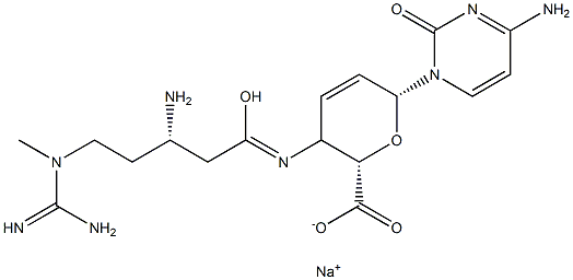 4-[[(S)-3-Amino-5-[(aminoiminomethyl)methylamino]-1-oxopentyl]amino]-1-(4-amino-2-oxo-1(2H)-pyrimidinyl)-1,2,3,4-tetradeoxy-β-D-erythro-2-hexenopyranuronic acid sodium salt 구조식 이미지