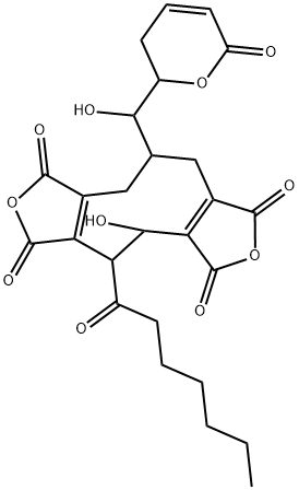 8-[(3,6-Dihydro-6-oxo-2H-pyran-2-yl)hydroxymethyl]-4-heptanoyl-3-hydroxy-1,5-cyclononadiene-1,2,5,6-tetracarboxylic 1,2:5,6-dianhydride 구조식 이미지