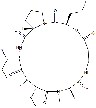 N-[N-[(2R)-1-옥소-2-히드록시펜틸]-L-Pro-L-Ile-N-메틸-L-Val-N-메틸-L-Ala-]-β-알라닌락톤 구조식 이미지