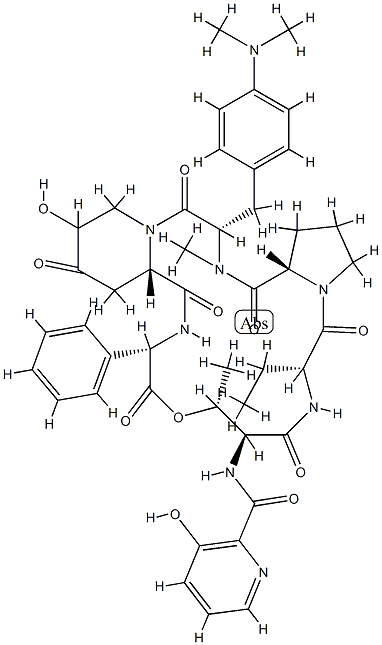 N-(3-히드록시피콜리노일)-시클로[L-Thr*-D-Abu-L-Pro-4-(디메틸아미노)-N-메틸-L-Phe-4-옥소-5-히드록시-L-Hpr-L-페닐글리-] 구조식 이미지