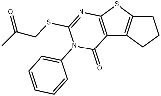 2-[(2-oxopropyl)sulfanyl]-3-phenyl-3,5,6,7-tetrahydro-4H-cyclopenta[4,5]thieno[2,3-d]pyrimidin-4-one 구조식 이미지