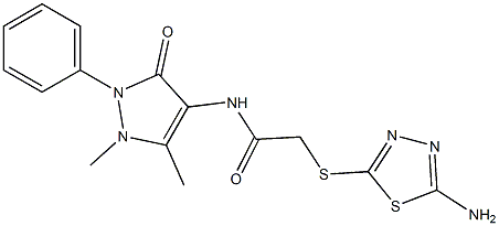 2-(5-Amino-[1,3,4]thiadiazol-2-ylsulfanyl)-N-(1,5-dimethyl-3-oxo-2-phenyl-2,3-dihydro-1H-pyrazol-4-yl)-acetamide 구조식 이미지