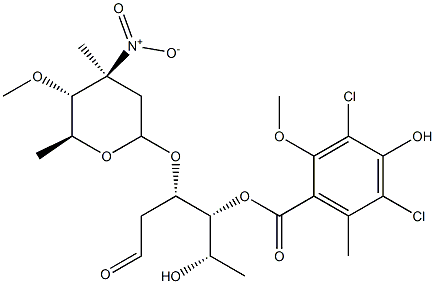 2,6-Dideoxy-3-O-(3-nitro-4-O-methyl-3-C-methyl-2,3,6-trideoxy-α-L-arabino-hexopyranosyl)-D-arabino-hexose 4-(3,5-dichloro-4-hydroxy-2-methoxy-6-methylbenzoate) Structure