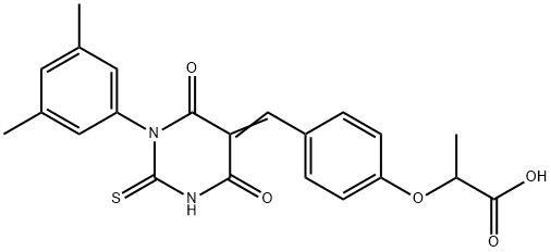 2-[4-[(Z)-[1-(3,5-dimethylphenyl)-4,6-dioxo-2-sulfanylidene-1,3-diazinan-5-ylidene]methyl]phenoxy]propanoic acid 구조식 이미지