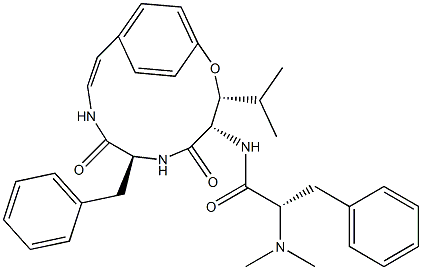 (S)-α-Dimethylamino-N-[(3R,4S,7S)-3-isopropyl-5,8-dioxo-7-benzyl-2-oxa-6,9-diazabicyclo[10.2.2]hexadeca-10,12,14(1),15-tetren-4-yl]benzenepropanamide Structure