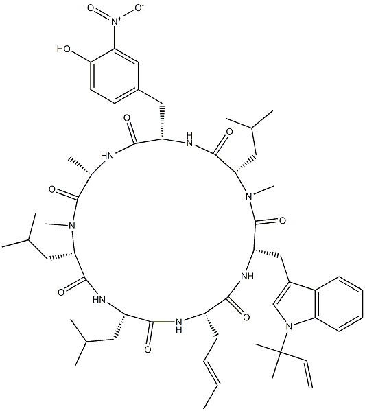 Cyclo[L-Ala-N-methyl-L-Leu-L-Leu-3-[(E)-1-propenyl]-L-Ala-1-(1,1-dimethyl-2-propenyl)-L-Trp-N-methyl-L-Leu-3-nitro-L-Tyr-] 구조식 이미지