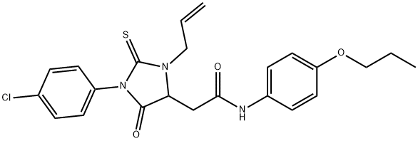 2-[3-allyl-1-(4-chlorophenyl)-5-oxo-2-thioxoimidazolidin-4-yl]-N-(4-propoxyphenyl)acetamide 구조식 이미지