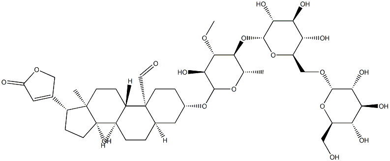 (3beta,5beta)-3-[(O-beta-D\-glucopyranosyl-(1->6)-O-D\-glucopyranosyl-(1->4)-6-deoxy-3-O-methyl-alpha-L\-glucopyranosyl)oxy]-14-hydroxy-19-oxocard-20(22)-enolide 구조식 이미지