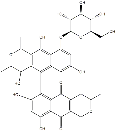 6-[9-(β-D-Glucopyranosyloxy)-3,4-dihydro-4,7,10-trihydroxy-1,3-dimethyl-1H-naphtho[2,3-c]pyran-5-yl]-3,4-dihydro-7,9-dihydroxy-1,3-dimethyl-1H-naphtho[2,3-c]pyran-5,10-dione 구조식 이미지