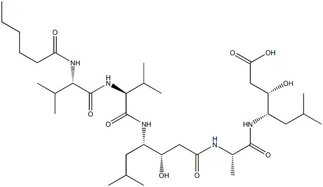 (3S,4S)-4-[[[(3S,4S)-4-[[N-(1-Oxohexyl)-L-Val-L-Val-]amino]-3-hydroxy-6-methylheptanoyl]-L-Ala-]amino]-3-hydroxy-6-methylheptanoic acid 구조식 이미지