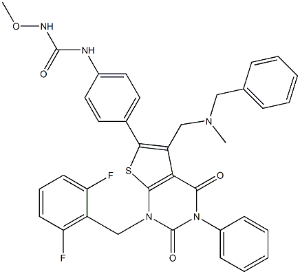 3-[4-[7-[(benzyl-methyl-amino)methyl]-2-[(2,6-difluorophenyl)methyl]-3 ,5-dioxo-4-phenyl-9-thia-2,4-diazabicyclo[4.3.0]nona-7,10-dien-8-yl]ph enyl]-1-methoxy-urea 구조식 이미지