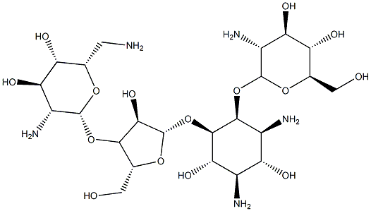 4-O-(2-Amino-2-deoxy-α-D-glucopyranosyl)-5-O-[3-O-(2,6-diamino-2,6-dideoxy-β-L-idopyranosyl)-β-D-ribofuranosyl]-D-streptamine 구조식 이미지