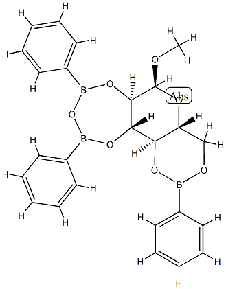 1-O-Methyl-2-O,3-O-[oxybis(phenylboranediyl)]-4-O,6-O-(phenylboranediyl)-α-D-glucopyranose 구조식 이미지