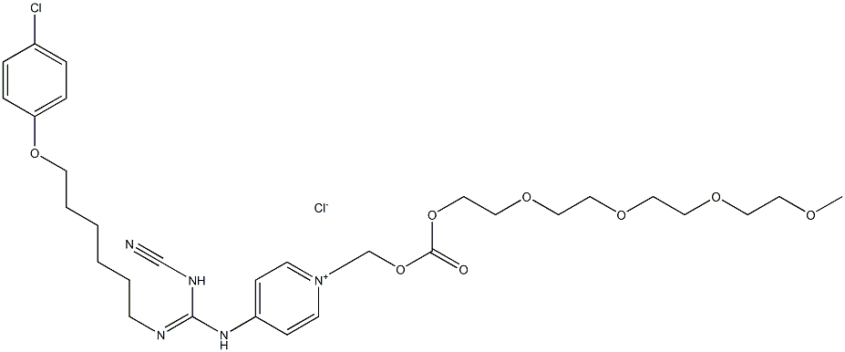 1-[[[[2-[2-[2-[2-Methoxyethoxy]ethoxy]ethoxy]ethoxy]carbonyl]oxy]methyl]-4-[N'-cyano-N''-[6-[4-chlorophenoxy]hexyl]guanidino]pyridinium chloride 구조식 이미지