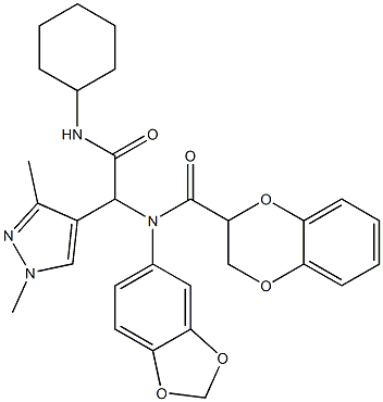 1H-Pyrazole-4-acetamide,alpha-[1,3-benzodioxol-5-yl[(2,3-dihydro-1,4-benzodioxin-2-yl)carbonyl]amino]-N-cyclohexyl-1,3-dimethyl-(9CI) 구조식 이미지