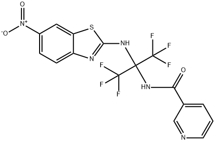 N-[2,2,2-trifluoro-1-({6-nitro-1,3-benzothiazol-2-yl}amino)-1-(trifluoromethyl)ethyl]nicotinamide Structure