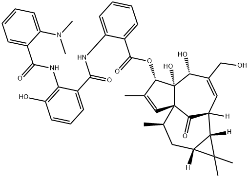 벤조산,2-((2-((2-(디메틸아미노)벤조일)아미노)-3-히드록시벤조일)아미노)-,1a,2,5,5a,6,9,10,10a-옥타히드로-5,5a-디하이드록시-4-(하이드록시메틸)-1,1,7,9-테트라메틸-11-옥소-1H-2,8a-메타노사이클로펜타(a)사이클로프로파(e)사이클로데센-6-일에스테르,(1 구조식 이미지