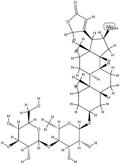 3β-[(4-O-β-D-Glucopyranosyl-6-deoxy-α-L-mannopyranosyl)oxy]-16β-hydroxy-5β-card-20(22)-enolide 구조식 이미지