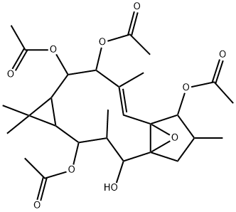 4a,7a-Epoxy-5H-cyclopenta[a]cyclopropa[f]cycloundecene-2,4,7,10,11-pen tol, 1,1a,2,3,4,6,7,10,11,11a-decahydro-1,1,3,6,9-pentamethyl-, 2,7,10 ,11-tetraacetate 구조식 이미지