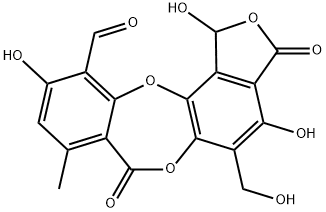 1,3-dihydro-1,4,10-trihydroxy-5-(hydroxymethyl)-8-methyl-3,7-dioxo-7H-isobenzofuro[4,5-b][1,4]benzodioxepin-11-carbaldehyde  구조식 이미지