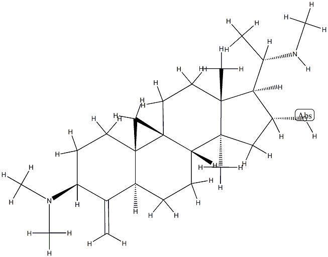 (20S)-3β-Dimethylamino-14-methyl-20-methylamino-4-methylene-9β,19-cyclo-5α-pregnan-16α-ol 구조식 이미지