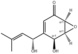 7-Oxabicyclo[4.1.0]hept-3-en-2-one, 5-hydroxy-4-[(1R)-1-hydroxy-3-methyl-2-butenyl]-, (1S,5S,6S)-rel- (9CI) Structure