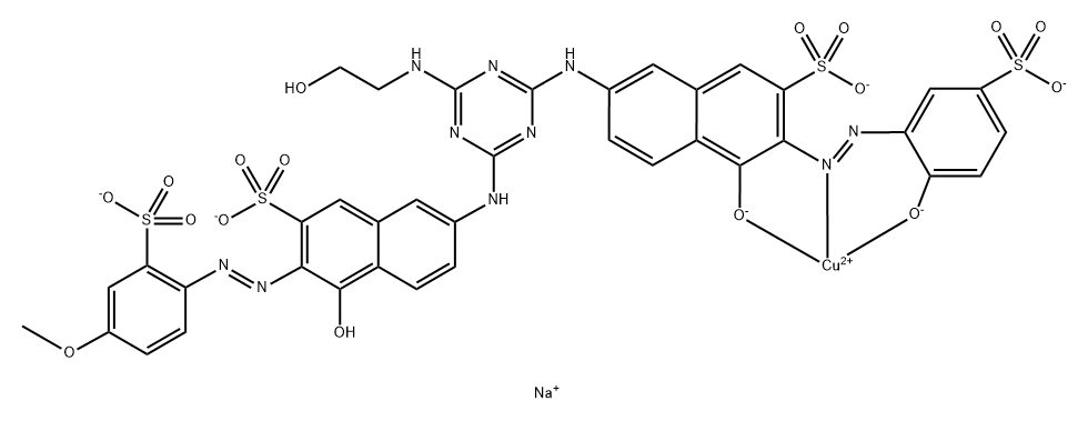 Cuprate(4-), [4-hydroxy-7-[[4-[(2-hydroxyethyl)amino]-6-[[5-hydroxy-6-[(2-hydroxy-5-sulfophenyl)azo]-7-sulfo-2-naphthalenyl]amino]-1,3,5-triazin-2-yl]amino]-3-[(4-methoxy-2-sulfophenyl)azo]-2-naphthalenesulfonato(6-)]-, tetrasodium Structure