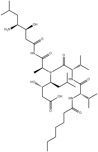 (3S,4S)-4-[[[(3S,4S)-4-[[N-(1-Oxoheptyl)-L-Val-L-Val-]amino]-3-hydroxy-6-methylheptanoyl]-L-Ala-]amino]-3-hydroxy-6-methylheptanoic acid Structure
