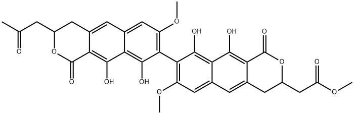 (-)-7,7'-Dimethoxy-3-(methoxycarbonylmethyl)-3'-(2-oxopropyl)-9,9',10,10'-tetrahydroxy-3,3',4,4'-tetrahydro-8,8'-bi[1H-naphtho[2,3-c]pyran]-1,1'-dione Structure