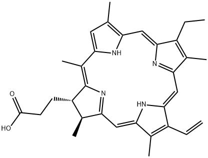 (2S)-8-Vinyl-13-ethyl-2,3-dihydro-3α,7,12,17,20-pentamethyl-21H,23H-porphyrin-2-propionic acid 구조식 이미지