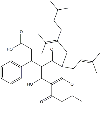 3,4,7,8-Tetrahydro-5-hydroxy-2,3-dimethyl-8-(3-methyl-2-butenyl)-8-[5-methyl-2-(1-methylethylidene)hexyl]-4,7-dioxo-β-phenyl-2H-1-benzopyran-6-propionic acid 구조식 이미지