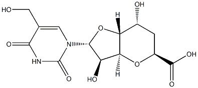 3,7-Anhydro-1-[3,4-dihydro-5-(hydroxymethyl)-2,4-dioxopyrimidin-1(2H)-yl]-1,6-dideoxy-D-glycero-β-D-allo-octofuranuronic acid 구조식 이미지