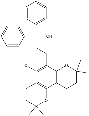 3,4,9,10-Tetrahydro-5-methoxy-2,2,8,8-tetramethyl-α,α-diphenyl-2H,8H-benzo[1,2-b:3,4-b']dipyran-6-(1-propanol) 구조식 이미지