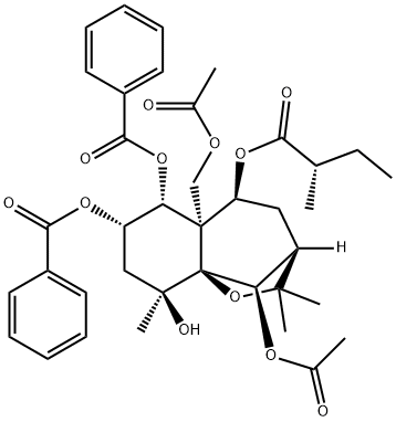 (S)-2-Methylbutanoic acid [(3R,10R)-10-acetoxy-5aβ-acetoxymethyl-6β,7β-bis(benzoyloxy)-3,4,5,5a,6,7,8,9-octahydro-9α-hydroxy-2,2,9-trimethyl-2H-3β,9aβ-methano-1-benzoxepin-5α-yl] ester 구조식 이미지