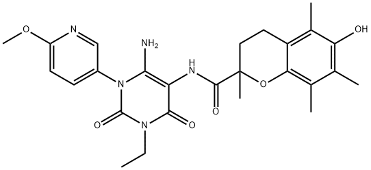 2H-1-Benzopyran-2-carboxamide,  N-[6-amino-3-ethyl-1,2,3,4-tetrahydro-1-(6-methoxy-3-pyridinyl)-2,4-dioxo-5-pyrimidinyl]-3,4-dihydro-6-hydroxy-2,5,7,8- Structure