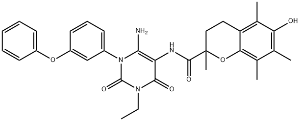 2H-1-Benzopyran-2-carboxamide,  N-[6-amino-3-ethyl-1,2,3,4-tetrahydro-2,4-dioxo-1-(3-phenoxyphenyl)-5-pyrimidinyl]-3,4-dihydro-6-hydroxy-2,5,7,8- Structure