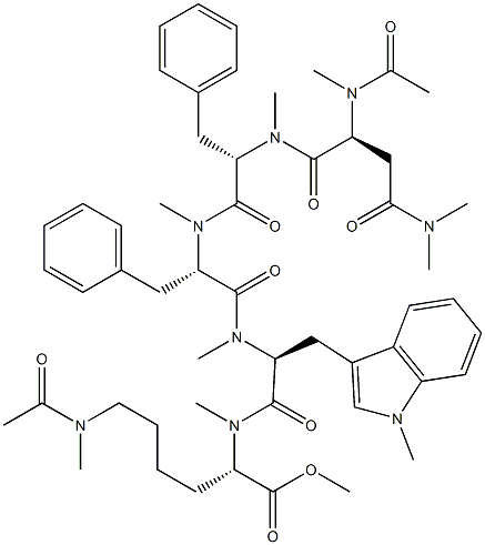 N2-Acetyl-N2,N4,N4-trimethyl-L-Asn-N-methyl-L-Phe-N-methyl-L-Phe-N,1-dimethyl-L-Trp-N6-acetyl-N2,N6-dimethyl-L-Lys-OMe 구조식 이미지